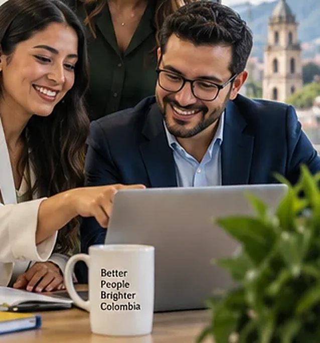 Colleagues smiling as they review work together at a laptop