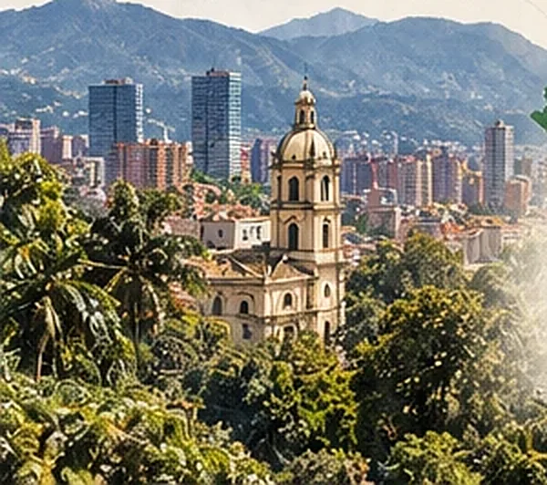 A city of towers and a domed church beneath green mountains