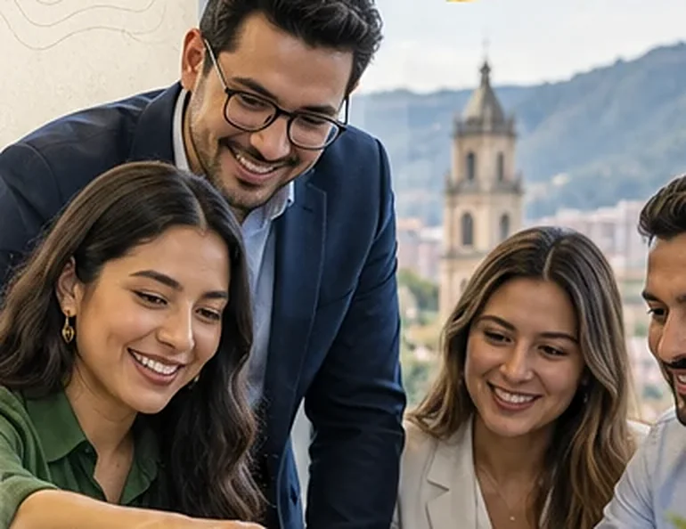 Colleagues smiling as they work together at a laptop, with a church tower and mountains beyond the window