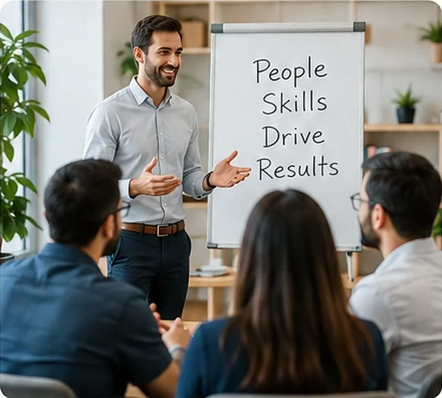 A facilitator presenting at a flipchart that reads People Skills Drive Results
