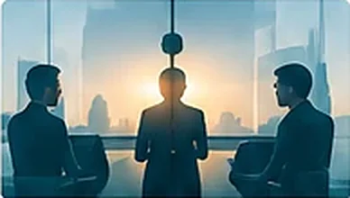 Leaders meeting in silhouette against a city skyline at sunrise
