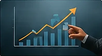 A hand pointing at a rising sales chart